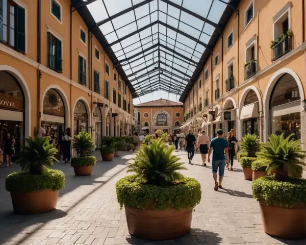 Passeggiata in una via dello shopping a Venezia, con portici, negozi e piante in vaso sotto un tetto di vetro.