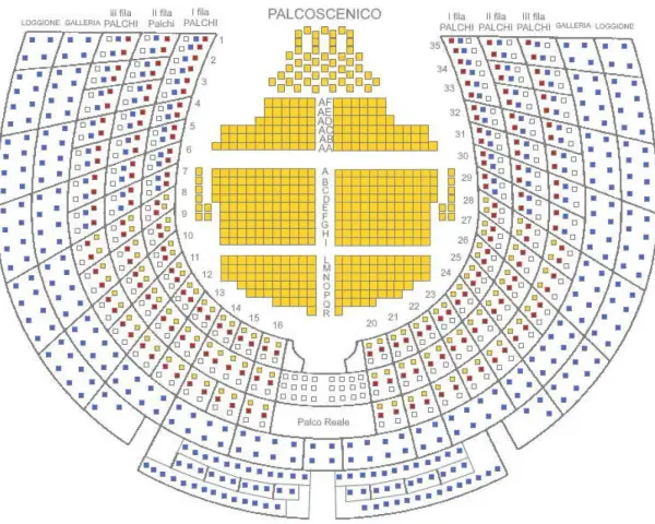 Mappa posti Teatro La Fenice. I colori indicano diverse sezioni, utili per scegliere i biglietti e capire il prezzo.