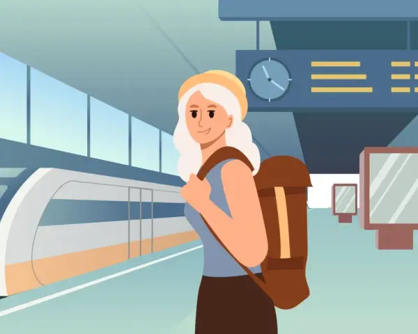 Ragazza con zaino in stazione, pronta a scoprire come arrivare a Venezia in treno.