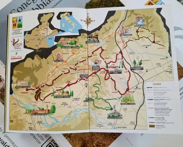 Mappa della Strada del Prosecco, con percorsi, città e attrazioni turistiche.