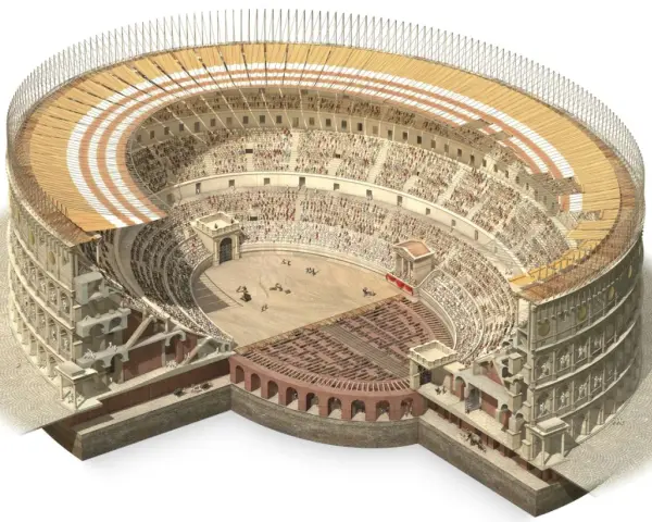 Ricostruzione dettagliata dell'arena di Verona come era, con spettatori, arena e struttura interna visibile.