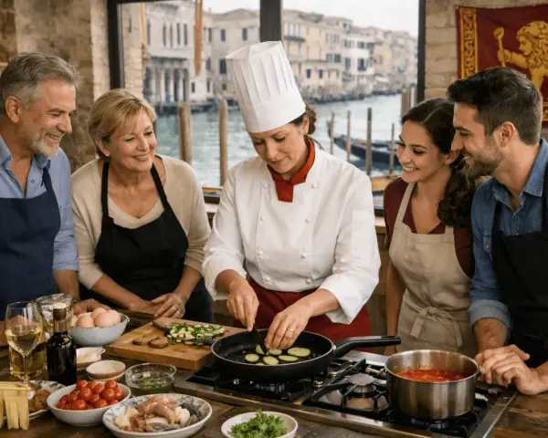Coppia partecipa a corsi di cucina a Venezia, imparando a preparare piatti tipici con uno chef esperto.
