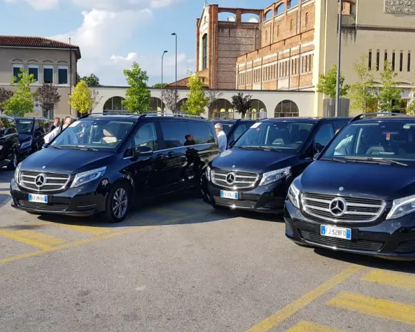 Flotta di Mercedes nere pronte per il transfer aeroporto Treviso. Autisti in attesa.