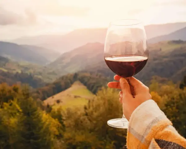 Un calice di vino rosso, perfetto per le degustazioni sui Colli Euganei, si staglia contro un paesaggio collinare autunnale al tramonto.