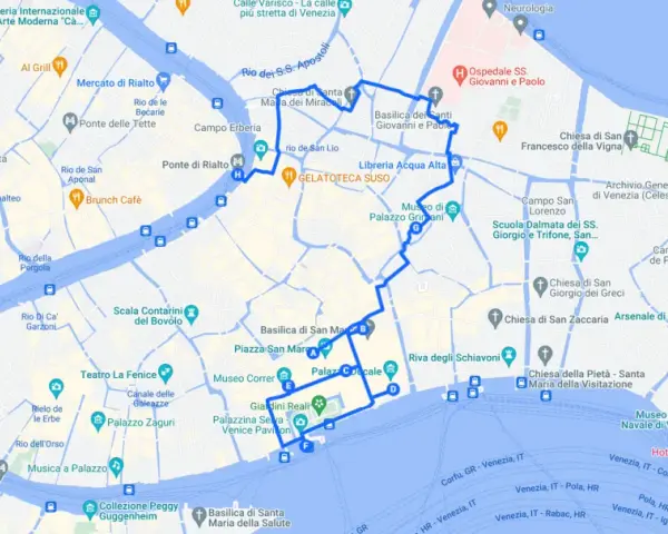 Un itinerario a piedi per scoprire Venezia in un giorno, partendo dalla stazione. Il percorso tocca luoghi iconici come il Ponte di Rialto e Piazza San Marco.