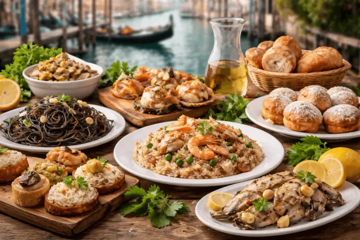 Sapori autentici delle trattorie tipiche a Venezia: spaghetti al nero di seppia, risotto ai frutti di mare, pesce alla griglia e crostini.