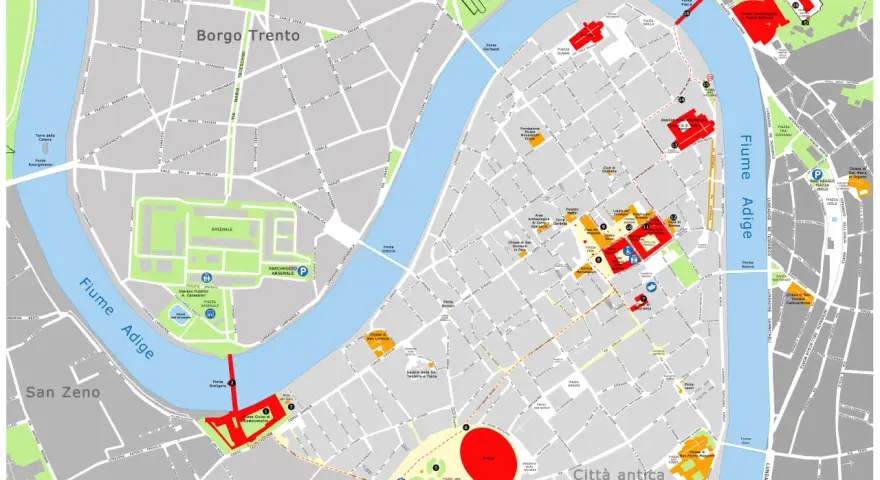 Mappa di Verona: cosa vedere a Verona in un giorno. Mostra il centro storico, l'Arena, Castelvecchio, il fiume Adige e i principali monumenti.