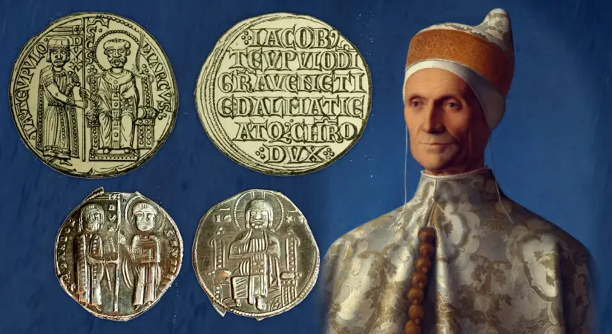 Ritratto di un Doge con monete antiche. Il doge significato è legato al potere e alla storia di Venezia.