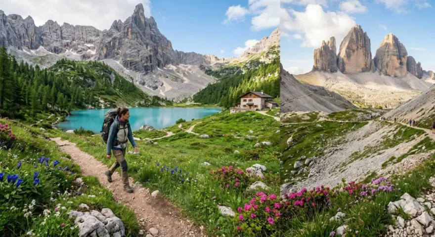 Escursionista solitario su sentiero fiorito, lago turchese e rifugio. Un'avventura di trekking Dolomiti 5 giorni indimenticabile.