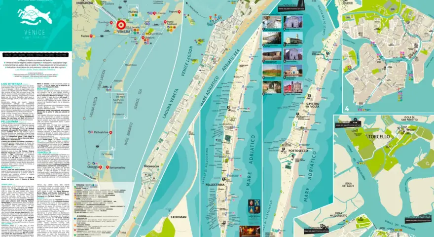 Mappa di Venezia e isole della laguna, ideale per un itinerario a piedi. Mostra percorsi, attrazioni e trasporti.