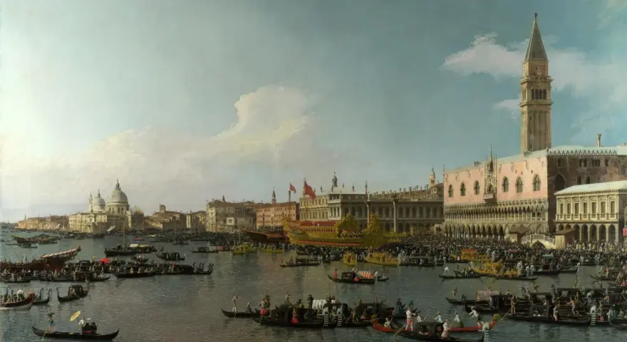 La Serenissima in festa: gondole e imbarcazioni affollano il bacino di San Marco, con il Palazzo Ducale e la Basilica a fare da sfondo a un tripudio di colori e vita.
