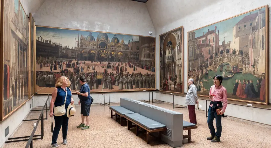 Visitanti ammirano grandi dipinti storici in uno dei musei d'arte a Venezia.