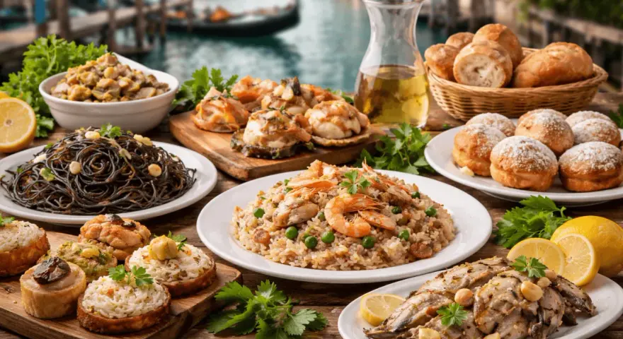 Sapori autentici delle trattorie tipiche a Venezia: spaghetti al nero di seppia, risotto ai frutti di mare, pesce alla griglia e crostini.