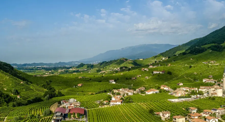 Colline verdi con vigneti a perdita d'occhio, case sparse e montagne sullo sfondo. Un paesaggio incantevole per scoprire Conegliano e dintorni cosa vedere.