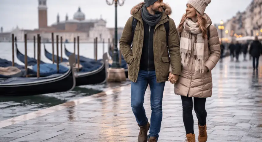 Coppia passeggia a Venezia, con gondole sullo sfondo. Perfetto esempio di come vestirsi a Venezia in inverno: cappotti caldi, sciarpe e berretti.