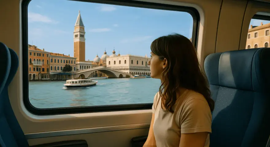 Donna guarda fuori dal finestrino del treno, ammirando il panorama di Venezia. Un modo suggestivo per capire come arrivare a Venezia.