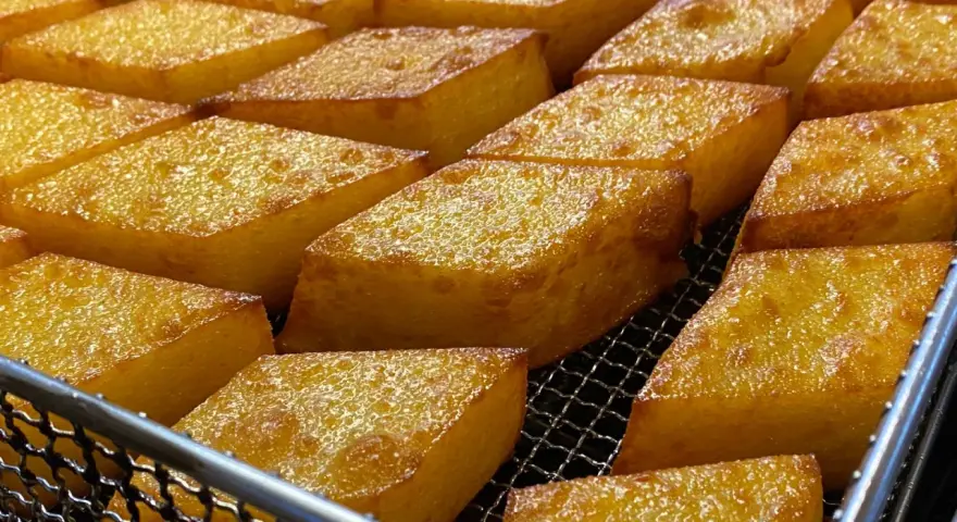Dorati e croccanti cubetti di crema fritta, un classico di Chioggia, pronti per essere gustati.