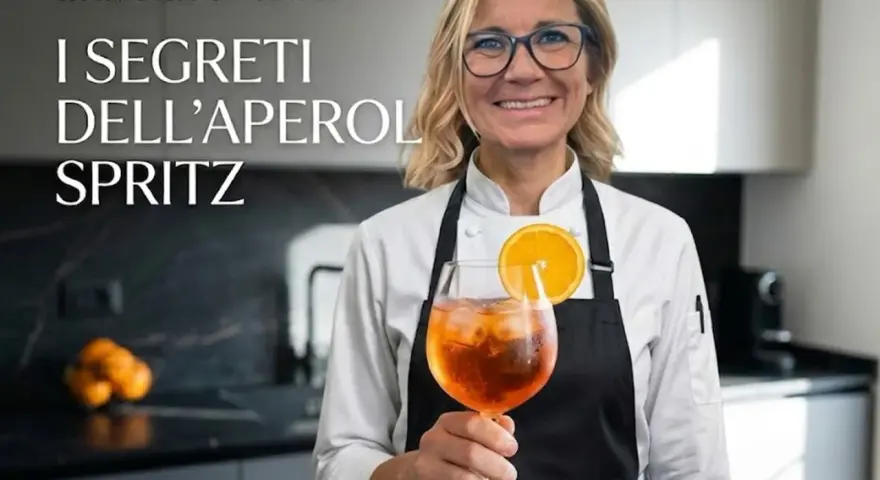 Donna sorridente con un bicchiere di Spritz, pronta a svelare i segreti delle giuste dosi per spritz perfetti.