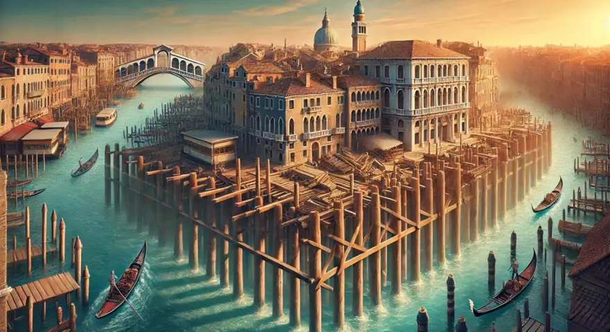 Venezia, con i suoi canali e le iconiche gondole, mostra la sua resilienza attraverso le palafitte che sostengono antichi palazzi.