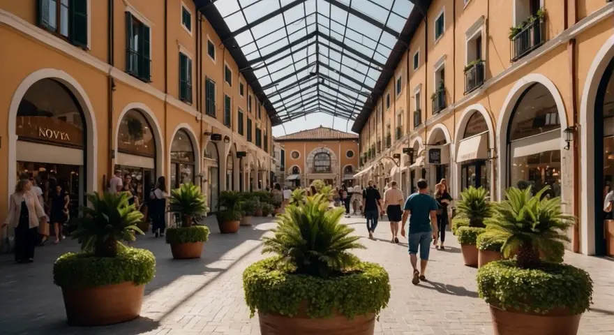 Passeggiata in una via dello shopping a Venezia, con portici, negozi e piante in vaso sotto un tetto di vetro.
