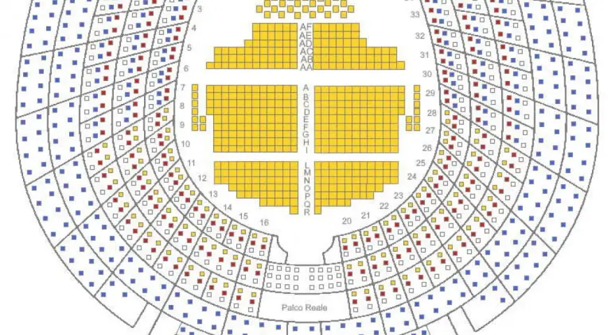 Mappa posti Teatro La Fenice. I colori indicano diverse sezioni, utili per scegliere i biglietti e capire il prezzo.