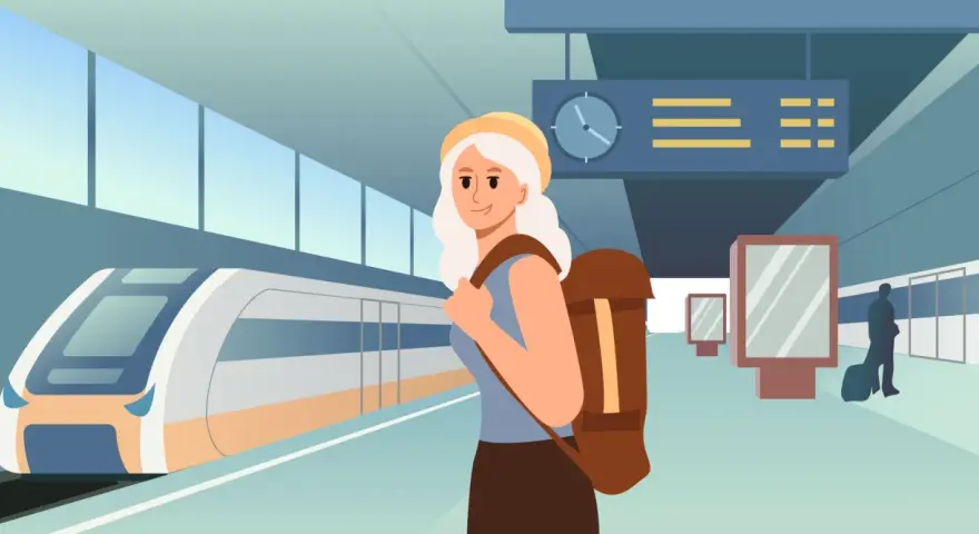Ragazza con zaino in stazione, pronta a scoprire come arrivare a Venezia in treno.