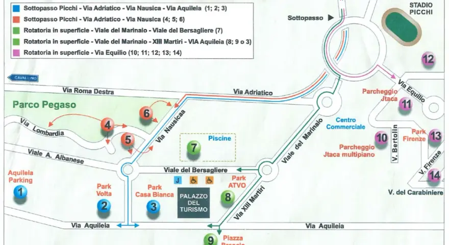 Mappa di Jesolo Venezia con indicazioni stradali, parchi, parcheggi e punti di interesse.