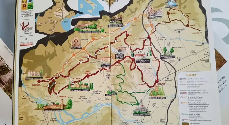 Mappa della Strada del Prosecco, con percorsi, città e attrazioni turistiche.