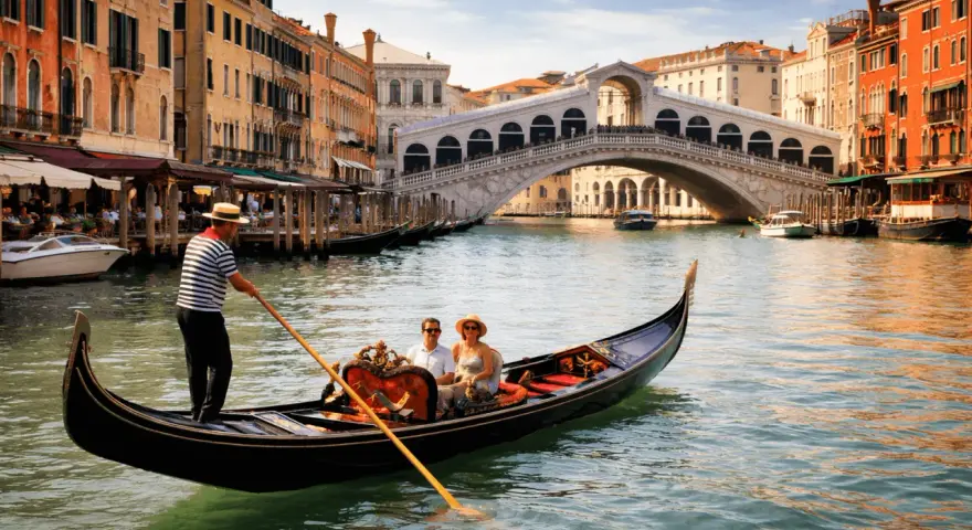 Coppia in gondola per un tour a Venezia, con il Ponte di Rialto sullo sfondo.
