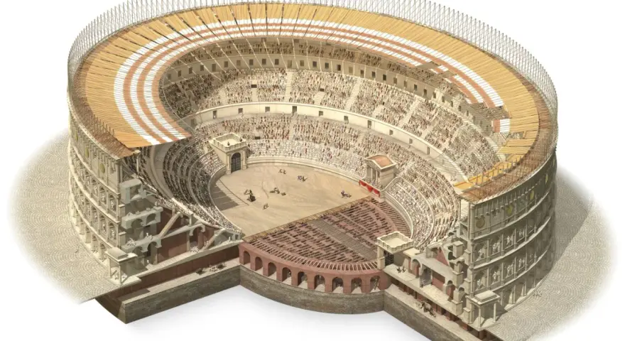 Ricostruzione dettagliata dell'arena di Verona come era, con spettatori, arena e struttura interna visibile.