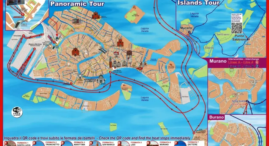 Mappa di Venezia con itinerari hop on hop off: Linea A (San Marco-Lido-Murano) e Linea B (Murano-Torcello-Burano).