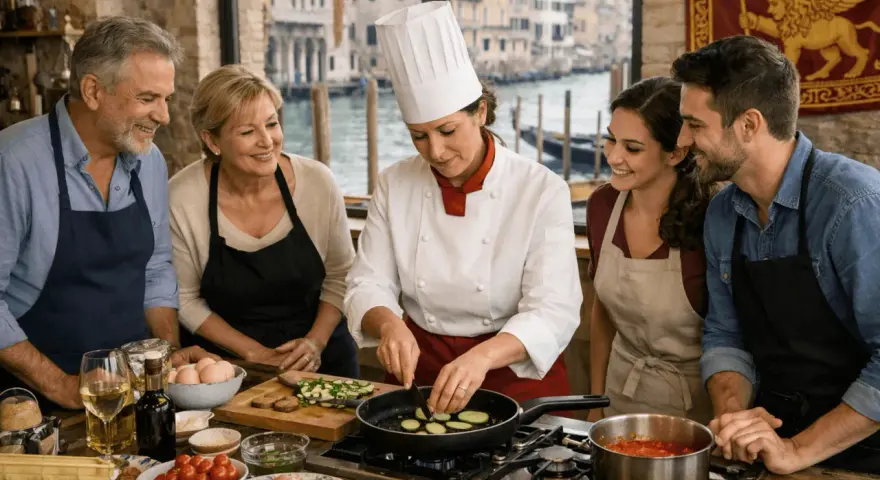 Coppia partecipa a corsi di cucina a Venezia, imparando a preparare piatti tipici con uno chef esperto.