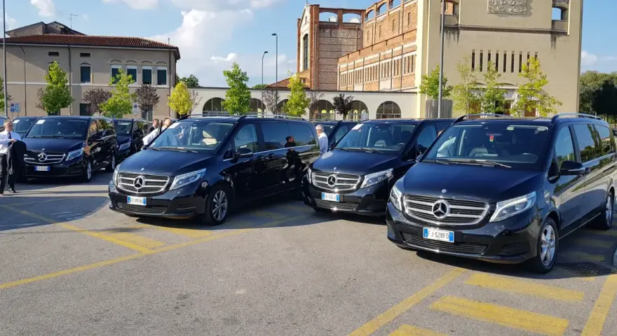 Flotta di Mercedes nere pronte per il transfer aeroporto Treviso. Autisti in attesa.