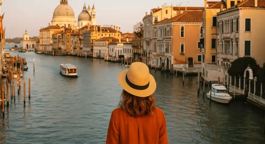Una donna con cappello di paglia ammira il Canal Grande, un perfetto week end a Venezia.