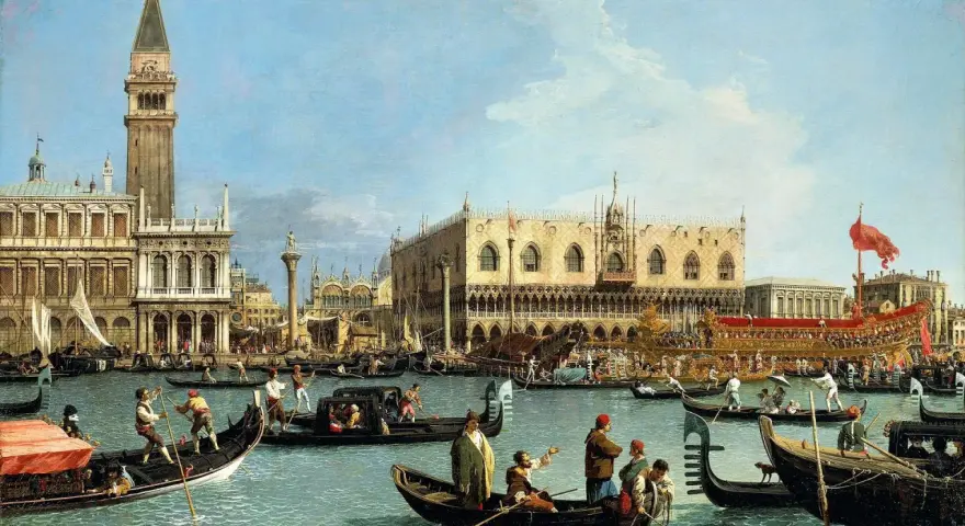 Un vivace canaletto a Venezia, con gondole e imbarcazioni che navigano davanti al Palazzo Ducale e alla Torre dell'Orologio.