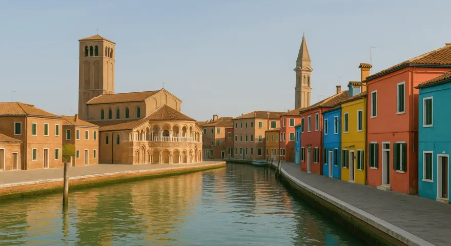 Canale di Burano con case colorate e chiese antiche, un luogo dove l'artigianato di Venezia vive ancora.