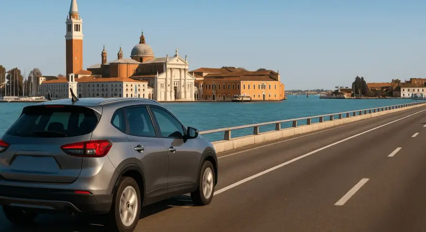Un'auto grigia percorre il ponte verso Venezia, con la Basilica di San Giorgio Maggiore e il campanile che si stagliano sullo sfondo.