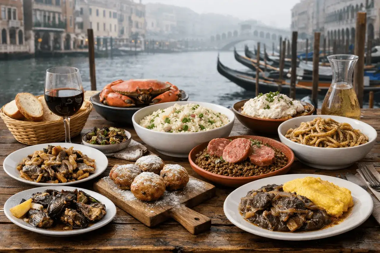 Un assaggio di cosa si mangia a Venezia: granchio, riso, pasta, polenta e dolci, con gondole sullo sfondo.