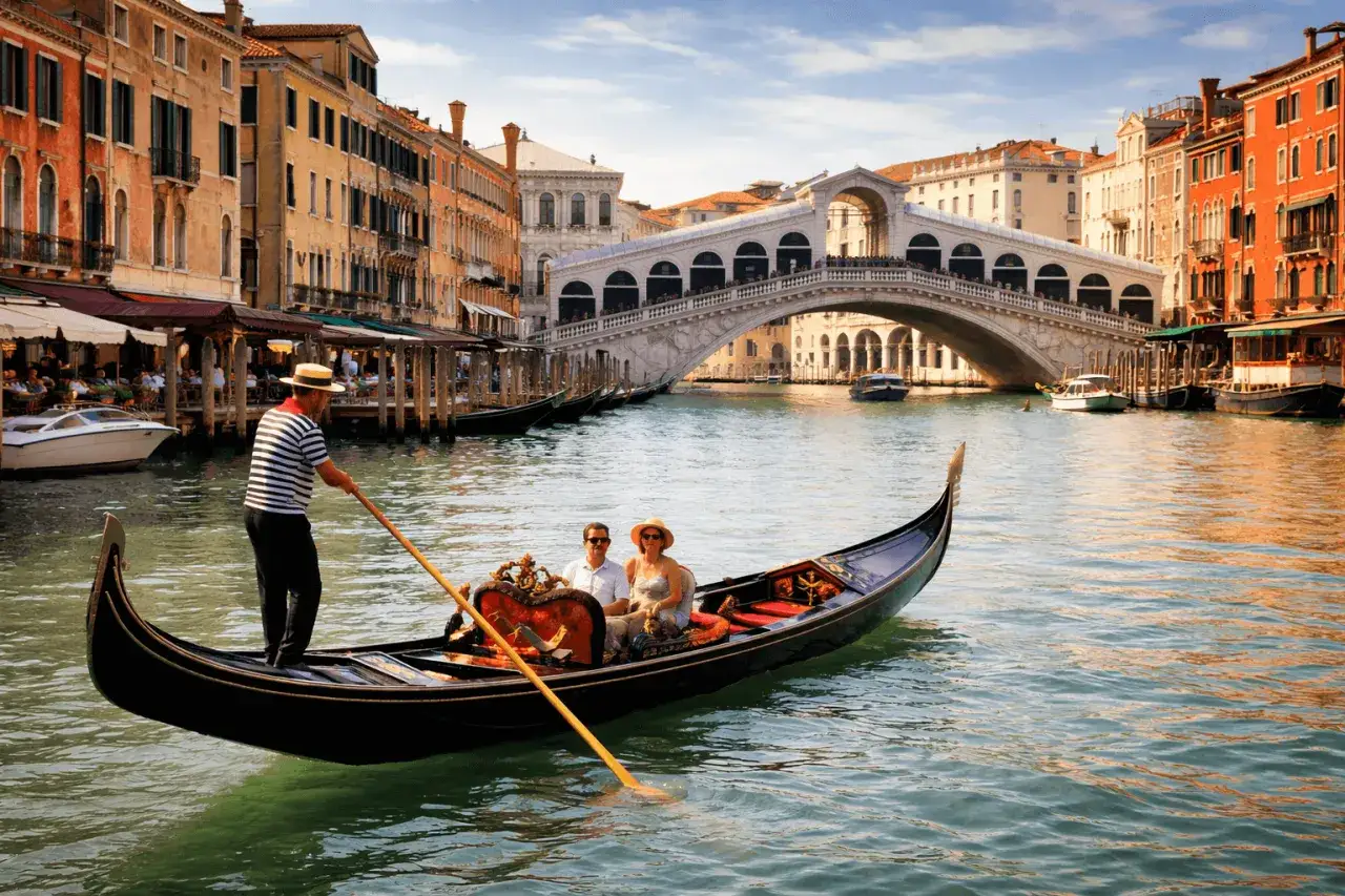 Una coppia ammira il Ponte di Rialto da una gondola veneziana, mentre un gondoliere naviga sul Canal Grande.