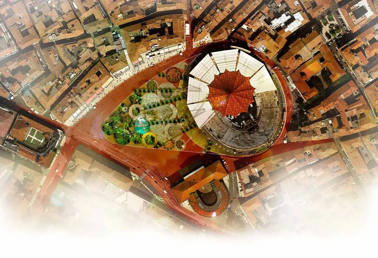 Vista aerea di un progetto per l'arena di Verona come era, con un giardino moderno e una copertura spettacolare.