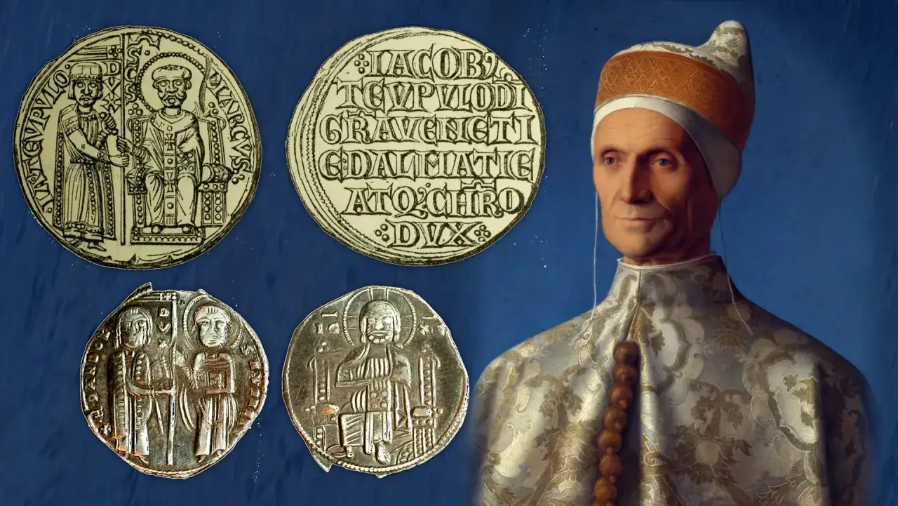 Ritratto di un Doge con monete antiche. Il doge significato è legato al potere e alla storia di Venezia.