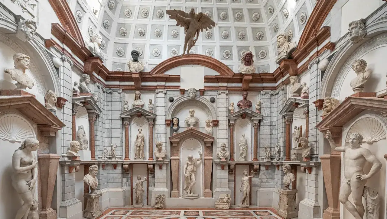 Interni del Palazzo Grimani: un tripudio di sculture classiche, busti e statue adornano le nicchie e le pareti di questo magnifico ambiente.