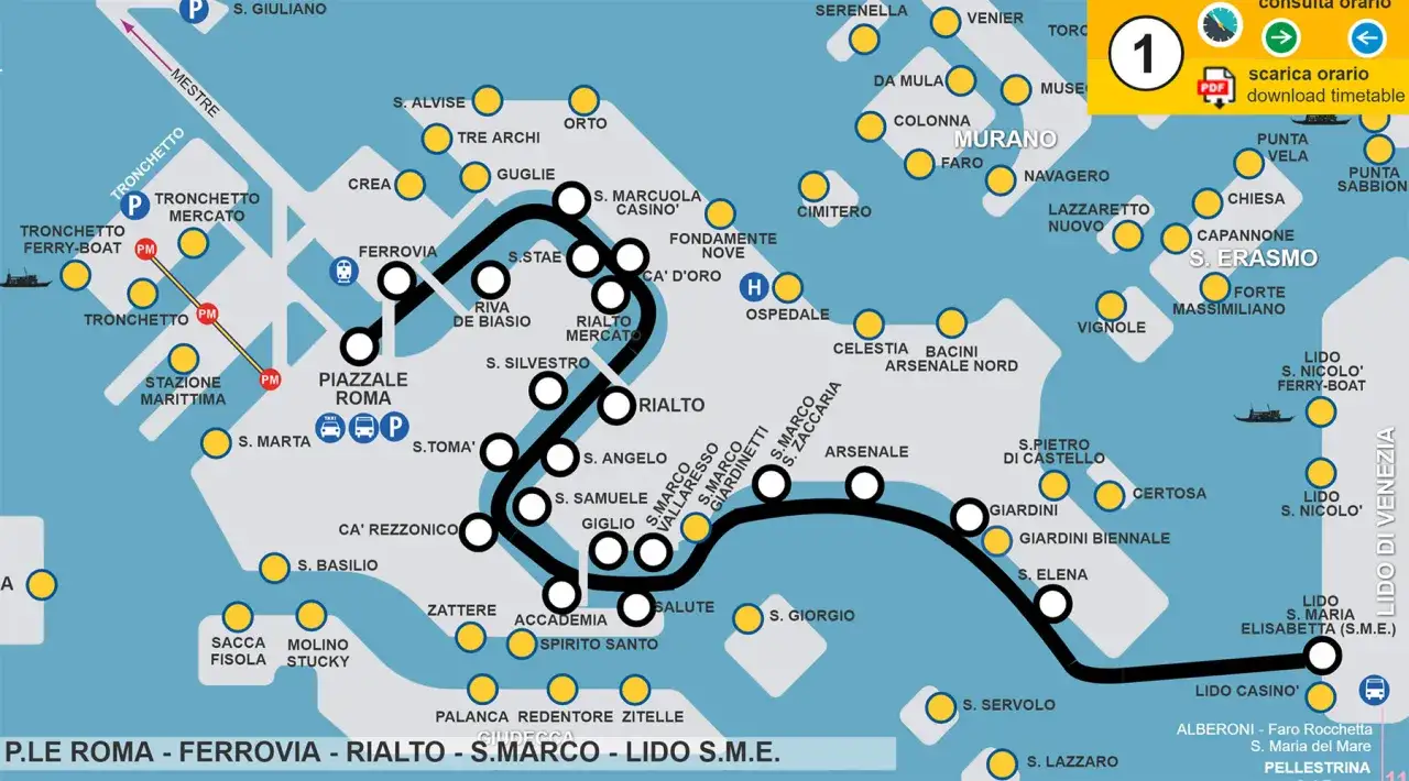 Mappa delle fermate della linea 1 del vaporetto di Venezia, da P.le Roma a Lido S.M.E.