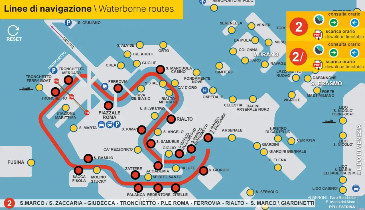 Mappa delle linee di navigazione di Venezia, inclusa la linea 2 traghetto Venezia, che collega S. Marco a Tronchetto e P.le Roma.