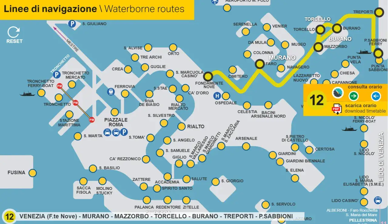 Mappa delle linee di navigazione di Venezia. La linea 12 collega Venezia (F.te Nove) a Murano, Mazzorbo, Torcello, Burano e Treporti.